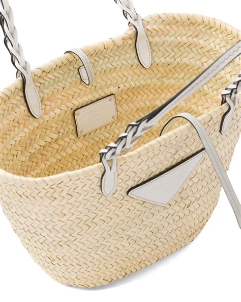 Tan/white Woven Palm and Leather Tote 